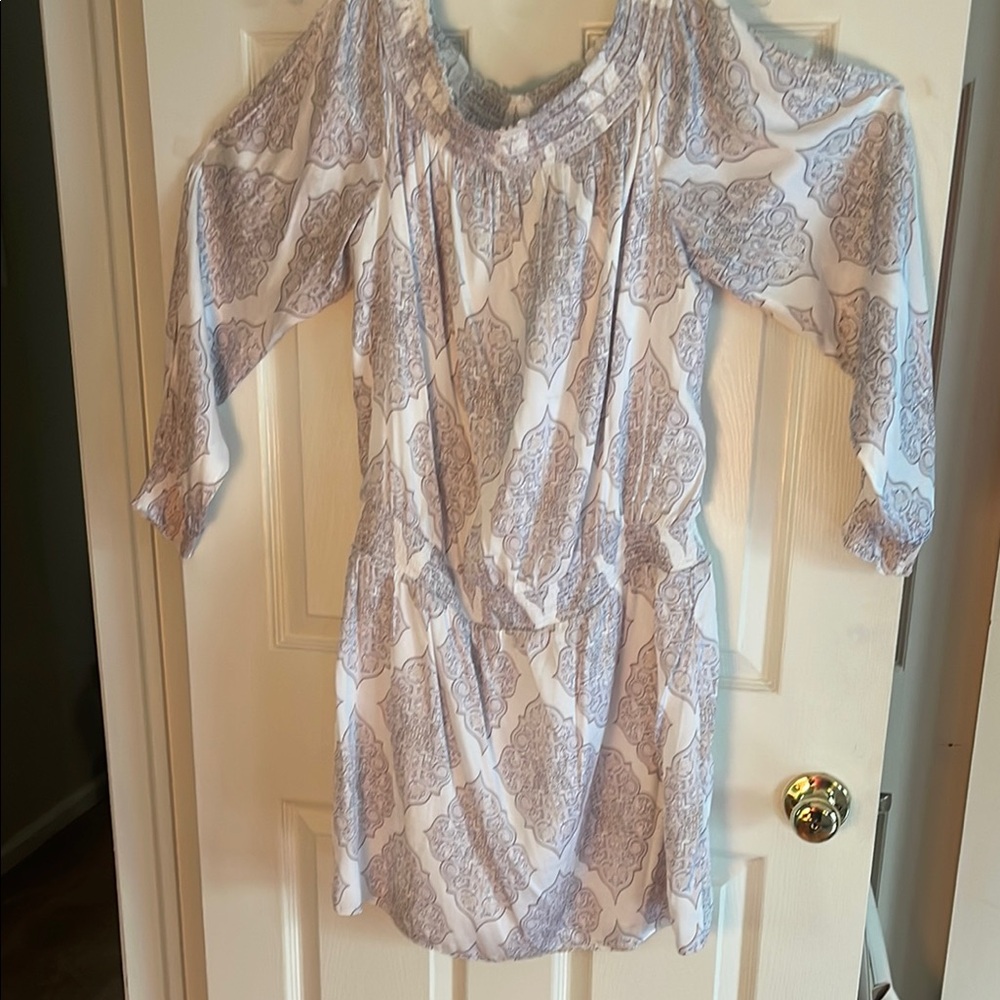 White House Black Market White and Gray Smocked Dress